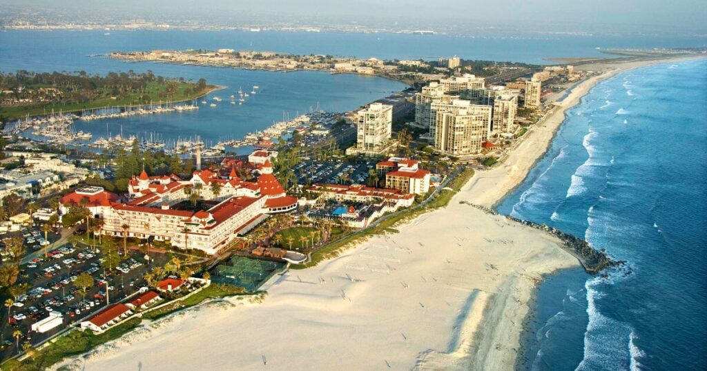 Coronado Beach on Coronado Island in California, with the famous Hotel Del Coronado