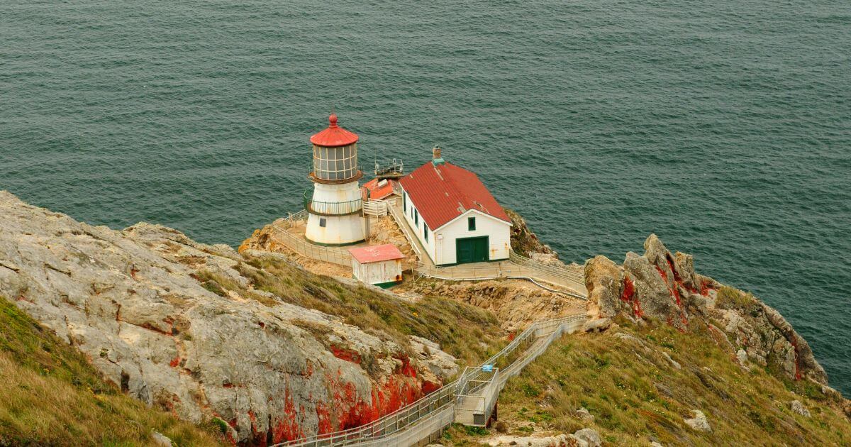 Point Reyes Lighthouse at Point Reyes National Seashore, California from high above the cliffs. This is the first stop on our Pacific Coast Highway Roadtrip