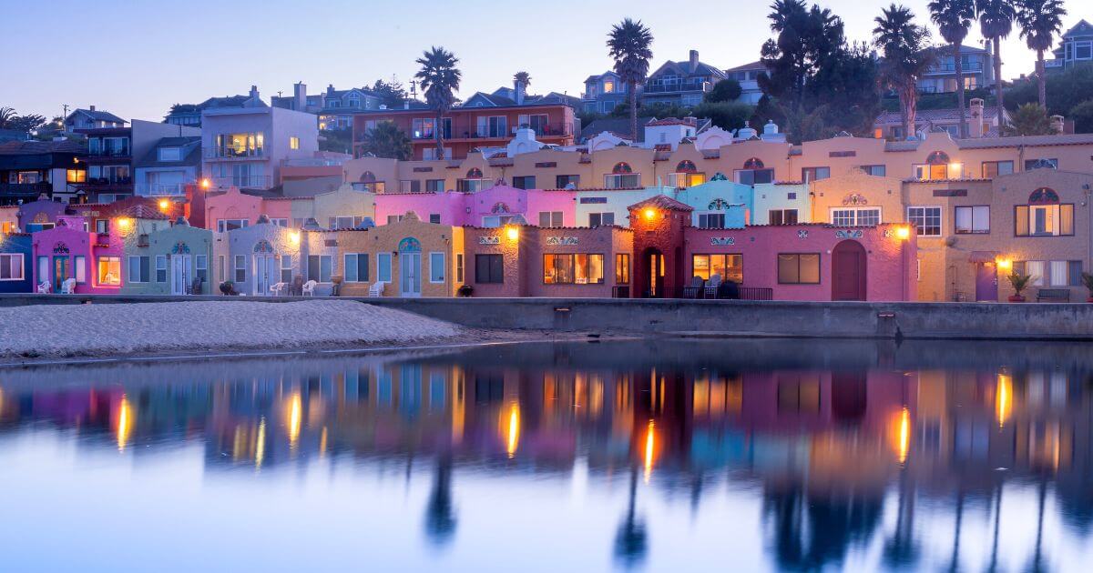 Reflections of colorful, mediterranean-style beach houses in Capitola