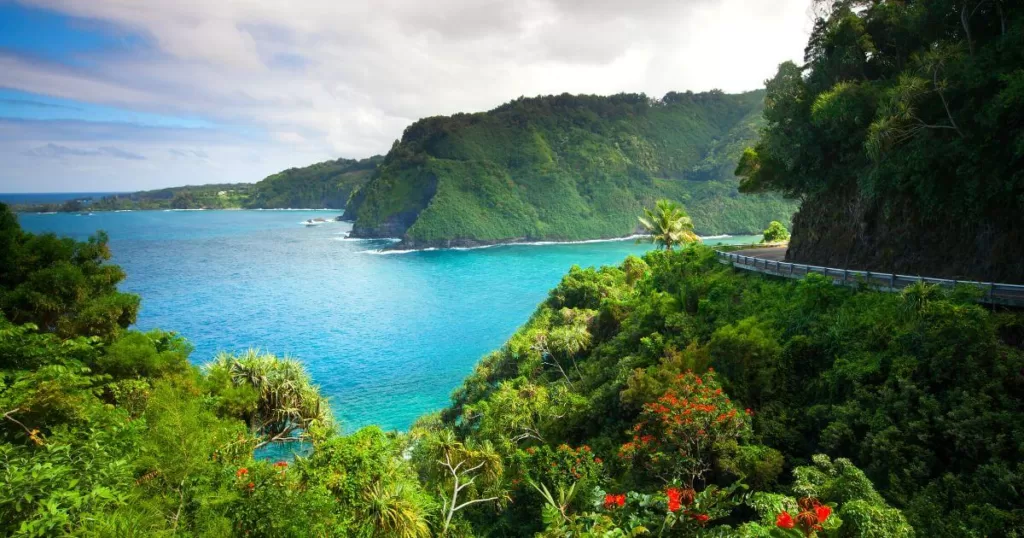 The Road to Hana winds along lush green cliffs overlooking a vibrant turquoise sea in Maui, with tropical vegetation and bright red flowers enhancing the scene's tropical paradise ambiance.