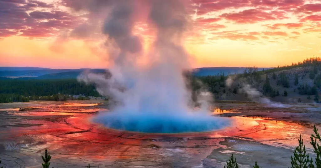 Stunning sunset over Yellowstone National Park, showcasing the vibrant colors of the Grand Prismatic Spring emitting steam, surrounded by terraces of mineral-rich deposits, with a backdrop of pine-covered hills. Truly one of the best places to visit in the USA.