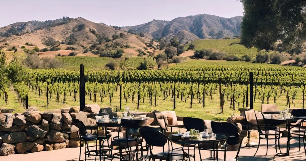 Scenic view of the vineyards in Ramona Valley, with a patio set for wine tasting amidst the rolling hills, capturing the essence of rural San Diego.