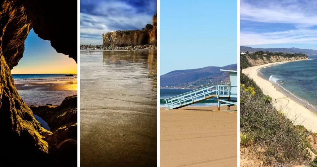 A collage of four images showcasing the beauty of Malibu's beaches: the rocky entrance of a cave at Leo Carrillo State Beach, the serene shoreline of El Matador Beach, the iconic lifeguard tower and clear blue skies at Zuma Beach, and the sweeping coastal views from Point Dume Beach.