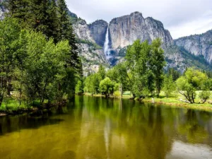 An idyllic view of Yosemite National Park, one of the best national parks on the US West Coast, showcasing the majestic Yosemite Falls with its powerful cascade framed by towering granite cliffs. In the foreground, the serene Merced River mirrors the lush greenery and the clear blue sky, emphasizing the park's tranquil beauty.